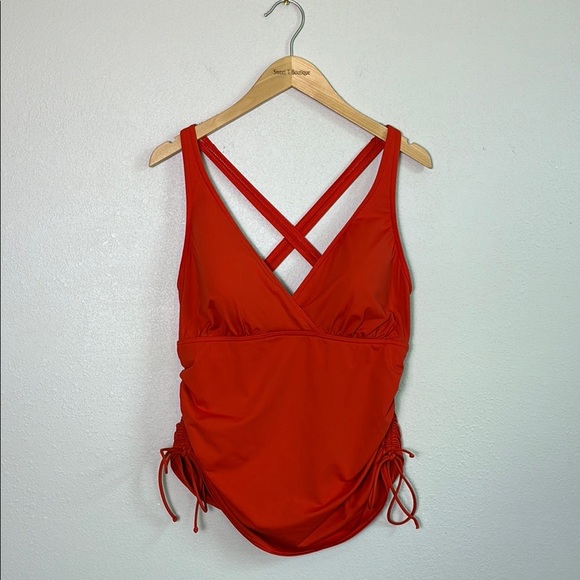LANDS' END Women 14 DD Red Orange Gathered Surplice Tankini Top Beach Coastal - Picture 1 of 11